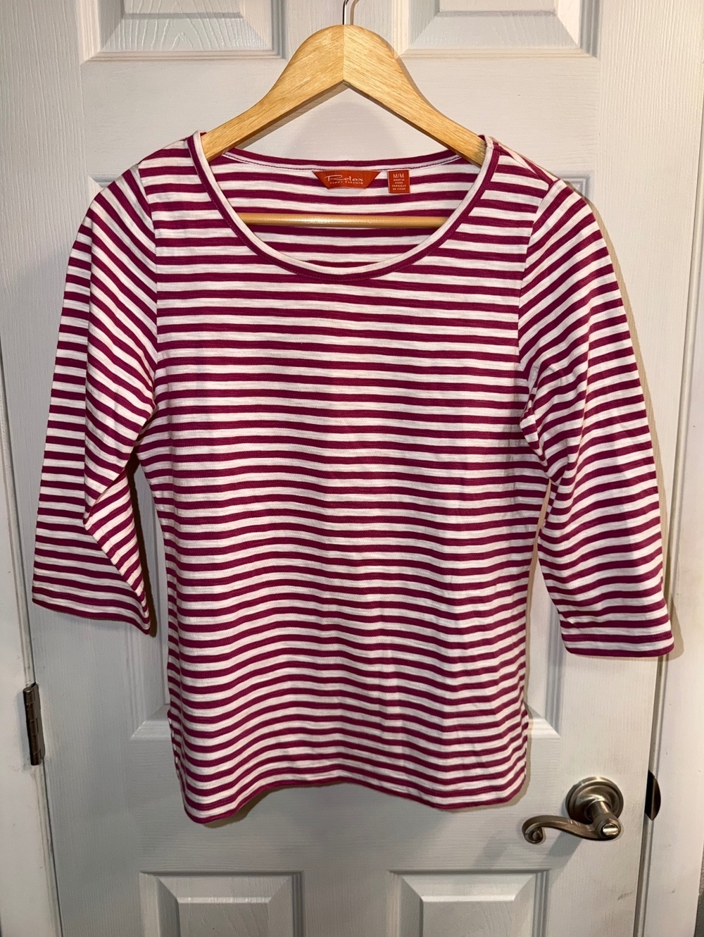 Relax Tommy Bahama Pink White Striped 3/4 Sleeve Cotton Top Size M
